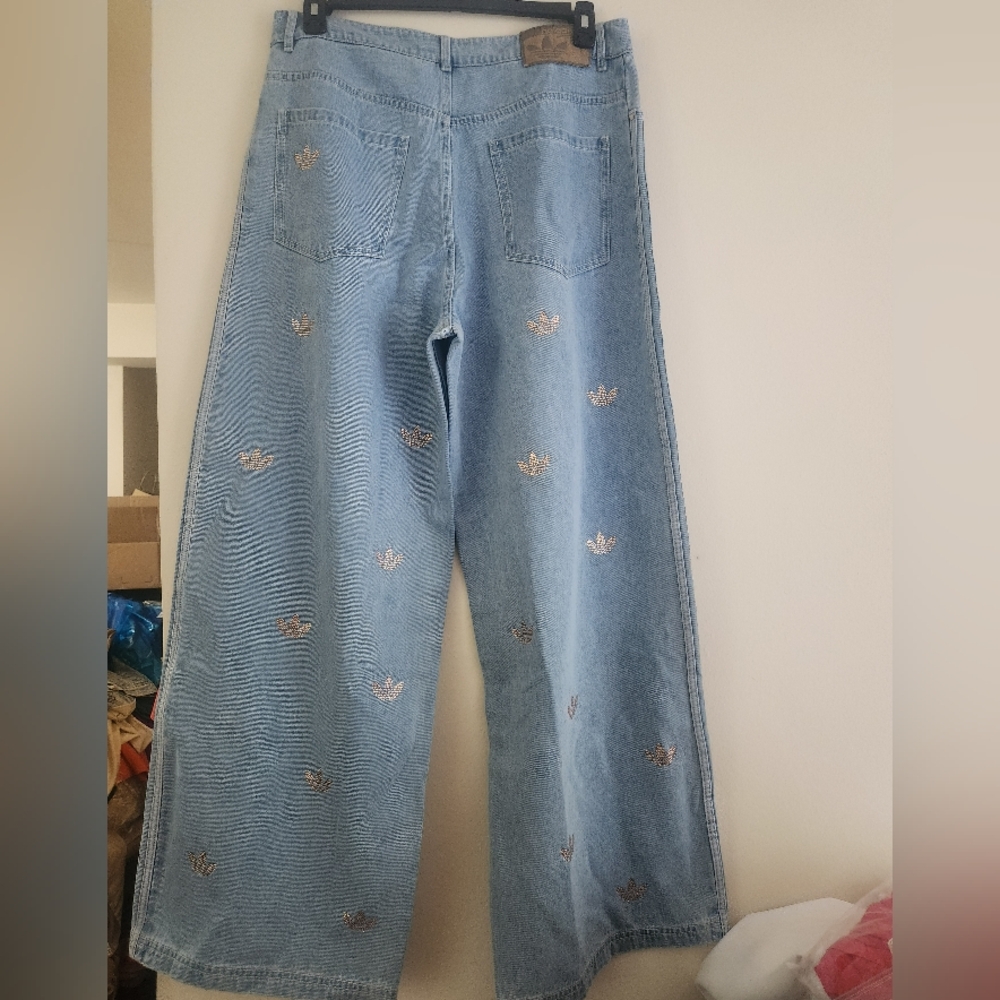 Adidas Rhinestone denim pants Glittery Logo Rhinestones Clear Blue. PANTS ONLY!! - Picture 11 of 16